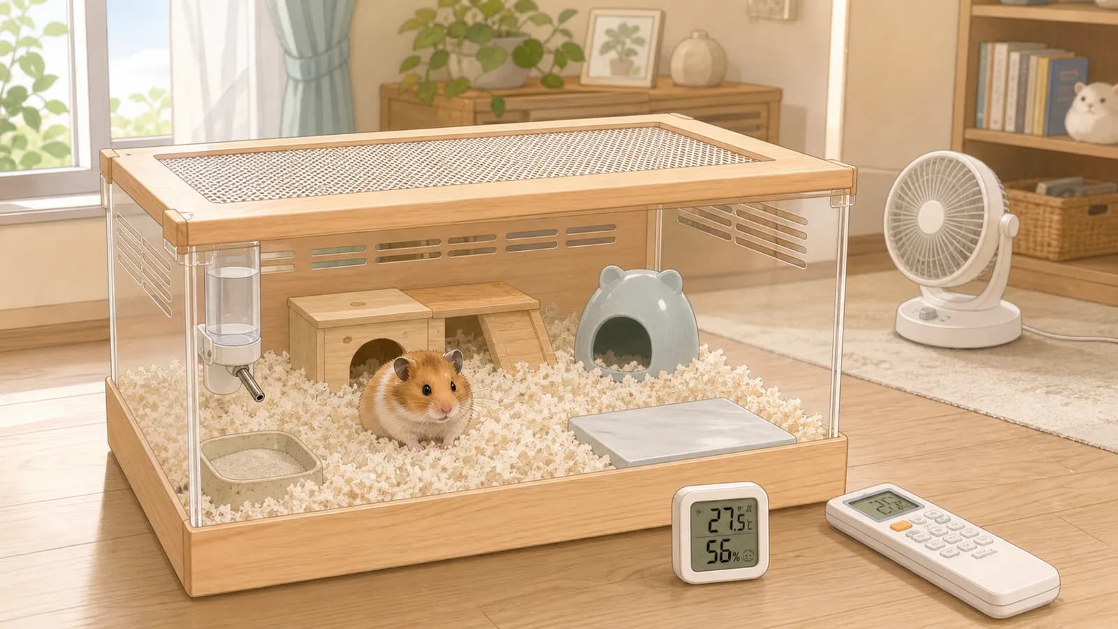 倉鼠在木質透明通風飼養箱中，旁邊有溫濕度計、冷氣遙控器和離飼養箱有距離的循環扇