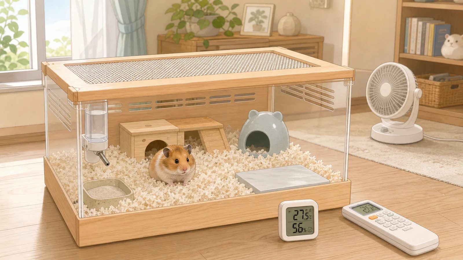 倉鼠在木質透明通風飼養箱中，旁邊有溫濕度計、冷氣遙控器和離飼養箱有距離的循環扇