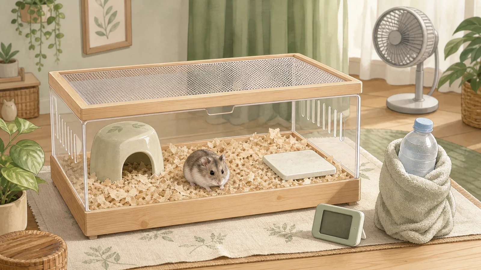 陰涼室內的倉鼠通風飼養箱旁放著包毛巾的冰瓶，箱內有陶瓷屋和陶瓷板